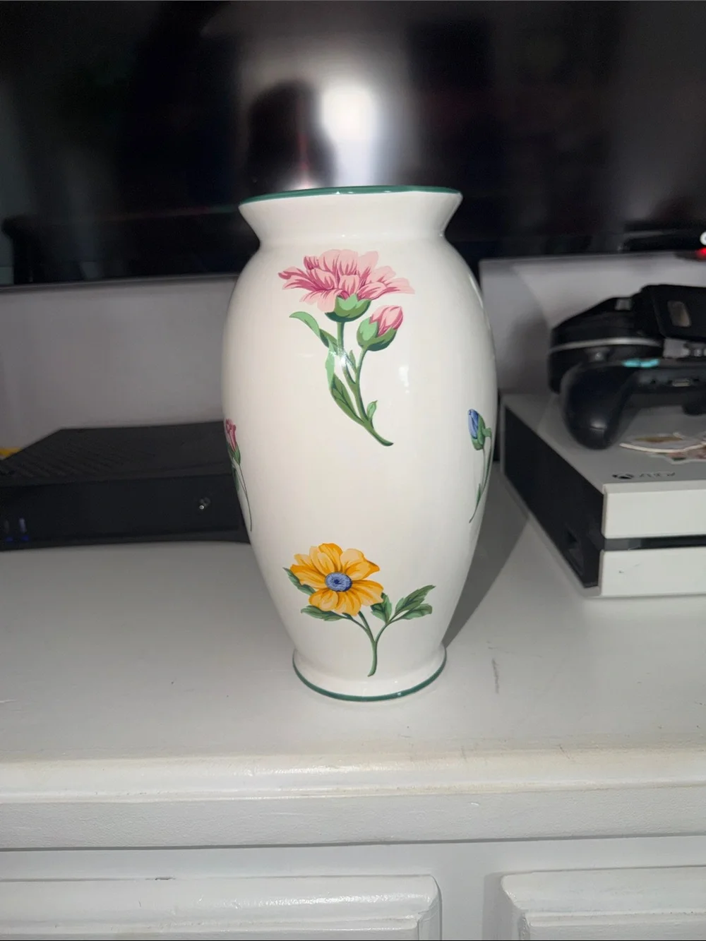 Tiffany & Co. White Ceramic Vase with Pink Floral Motif and Green Trim